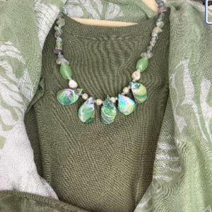 Shell Beaded Necklace and Earrings Set - Green Glass Shell Collection NWT